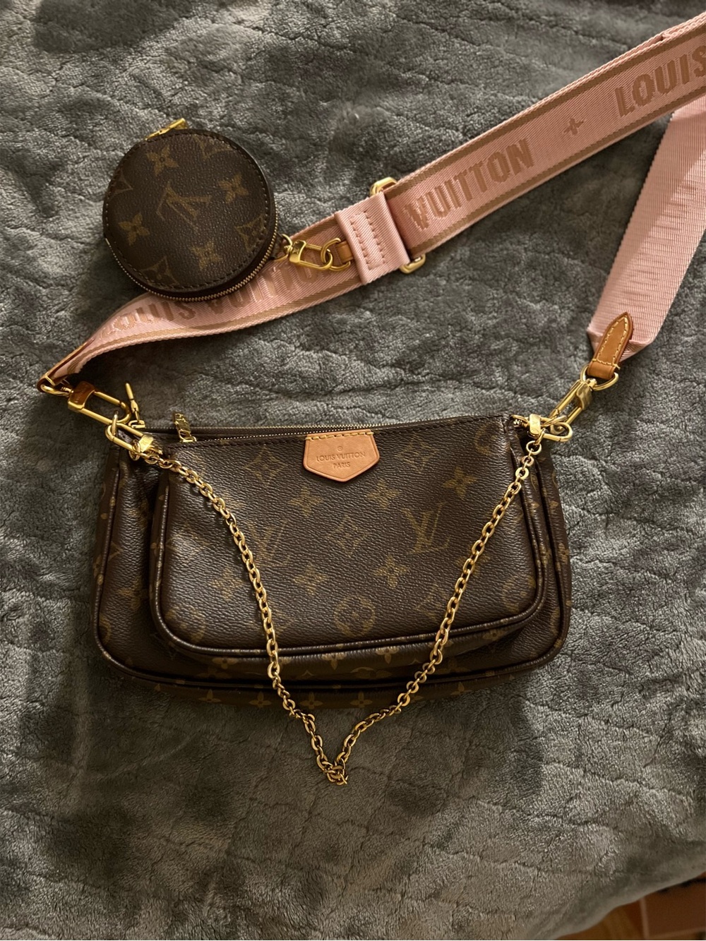 Louis Vuitton Brown Monogram Multi-Pouch Crossbody with Pink Strap